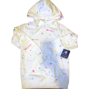 Champion Women's Logo Lightweight Hoodie‎ White Multi Color Logos Size M NWT